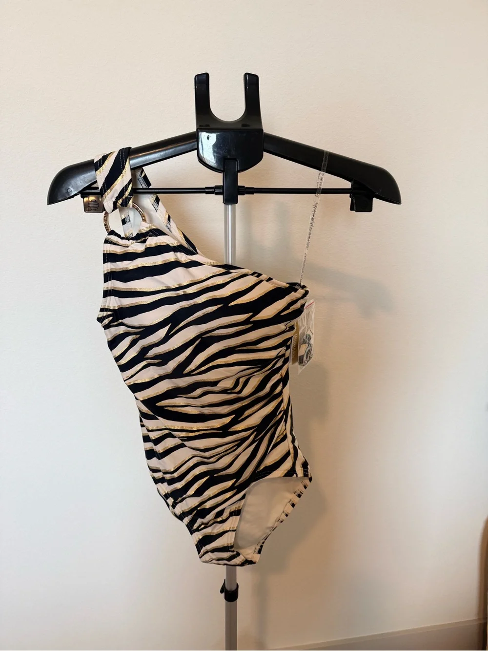 Michael Kors- One-Shoulder Zebra Print Swimsuit in Black, White & Gold
